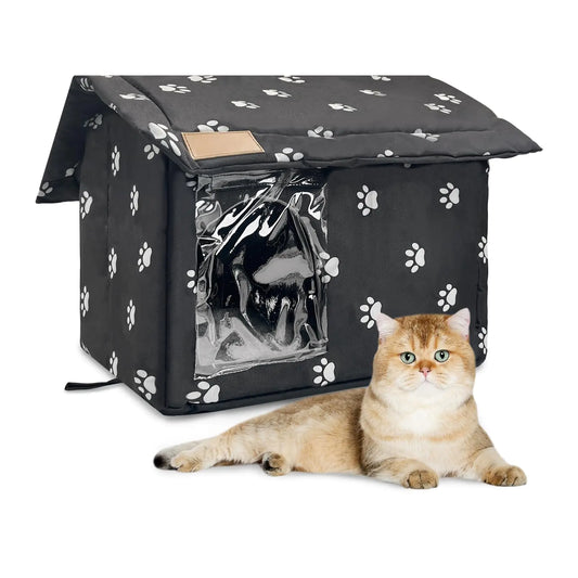 Fhiny Stray Cats Shelter Waterproof Outdoor Cat House Foldable Warm Pet Cave for Winter Wild Animal Tent Bed Anti-Slip Kitten Cave for Feral Cat Dog Puppy Weatherproof Black (M:15.7"×13.7"×15.7")